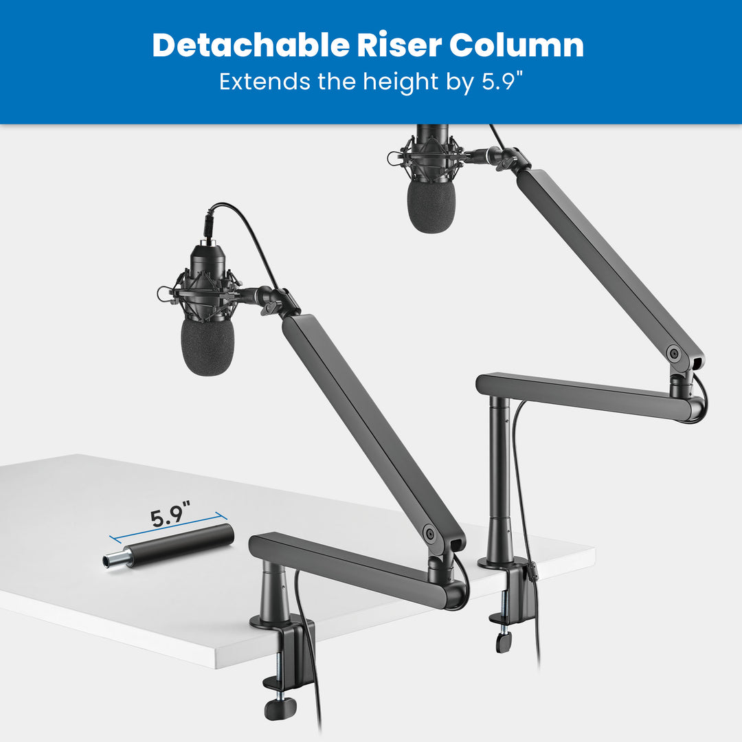 a desk with two microphone boom arms attached