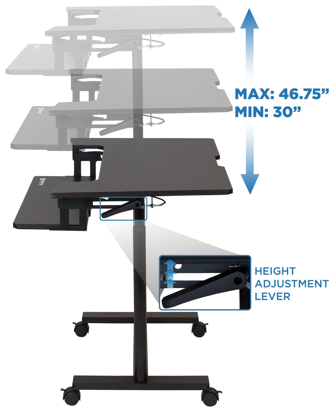 Mobile Sit-Stand Desk with Large Top and Retractable Keyboard