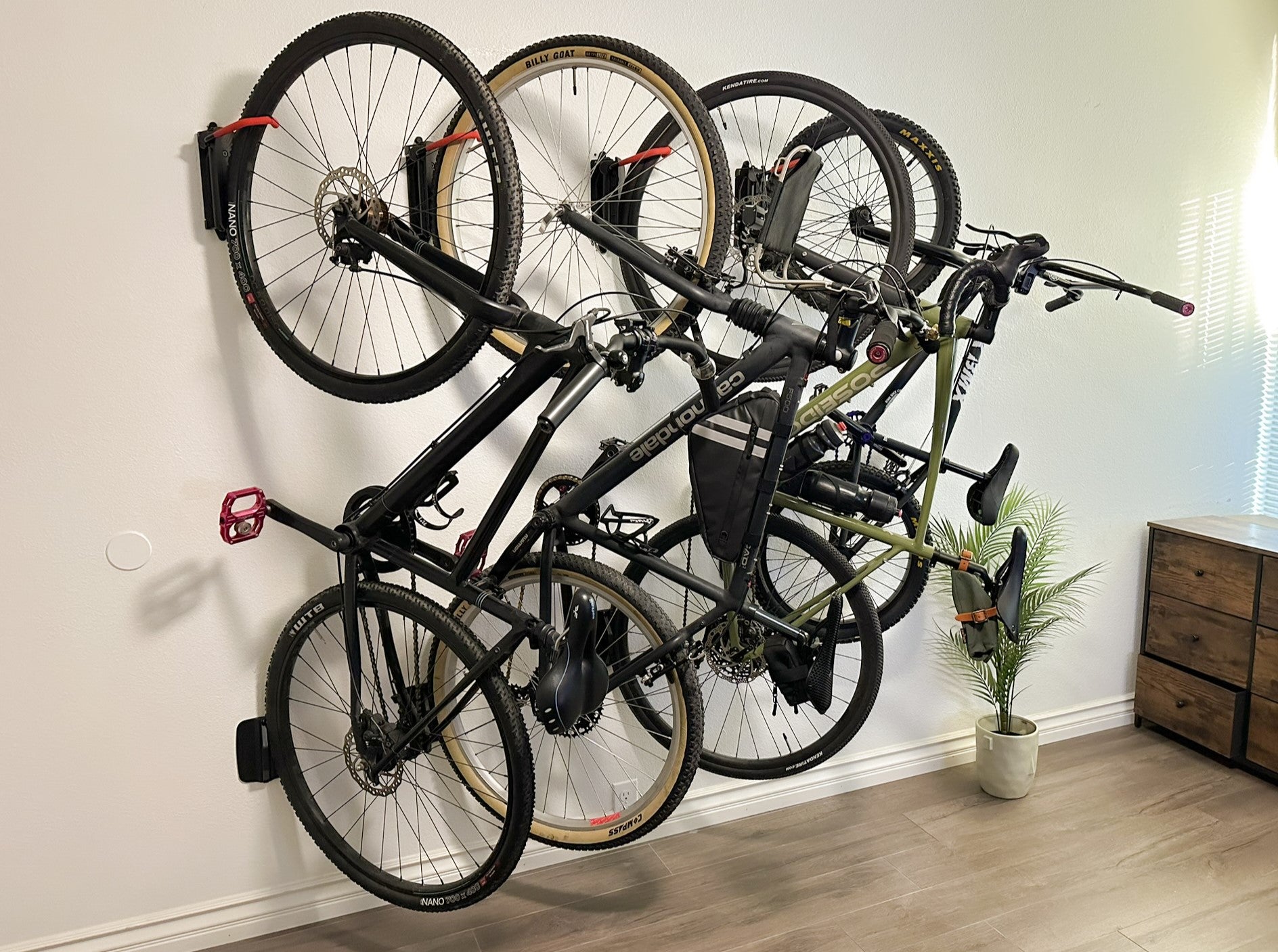 bikes hanging on wall