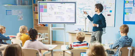 A teacher inn front of students pointing to notes on a whiteboard