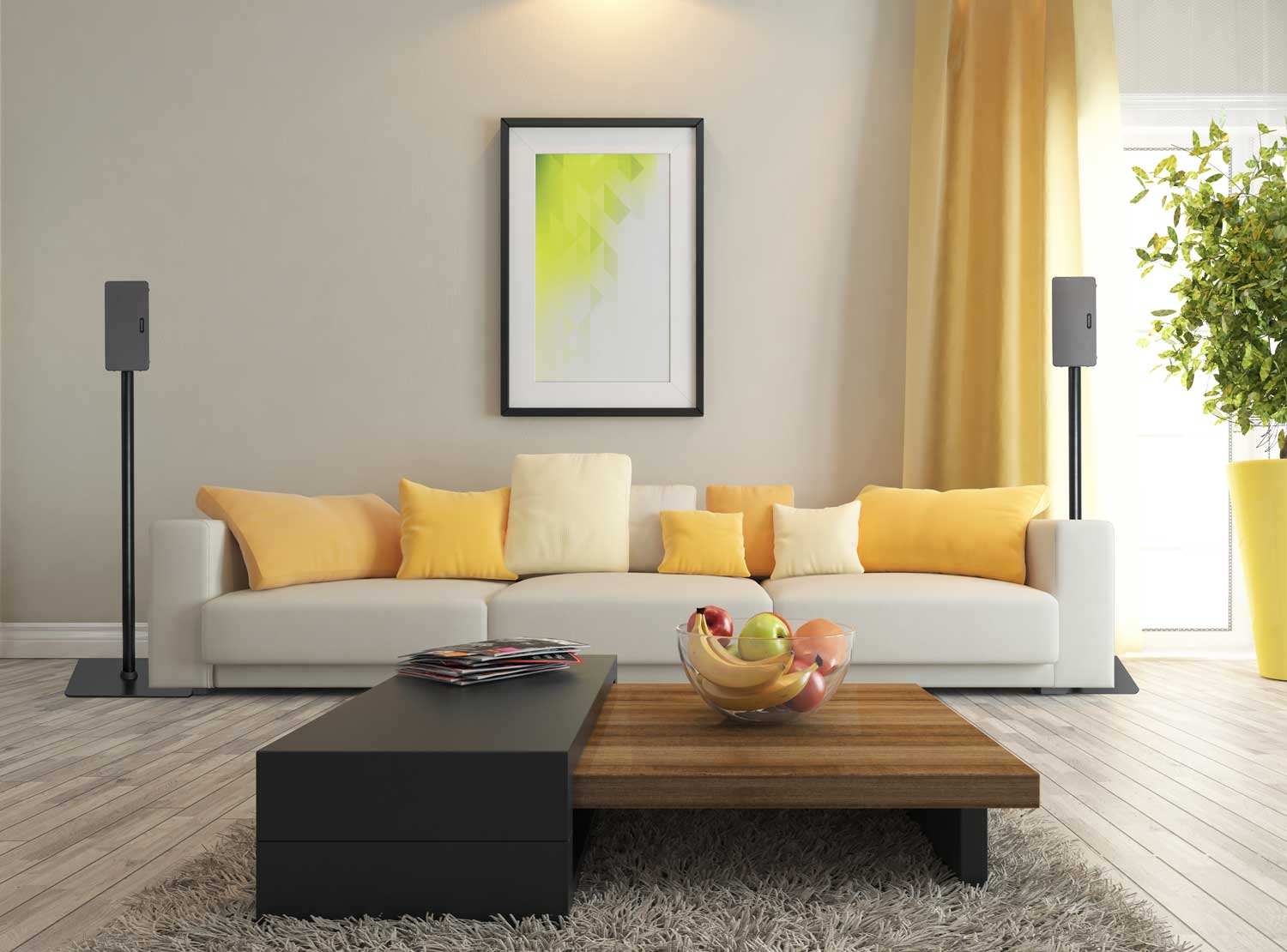 a living room with a white couch and yellow pillows