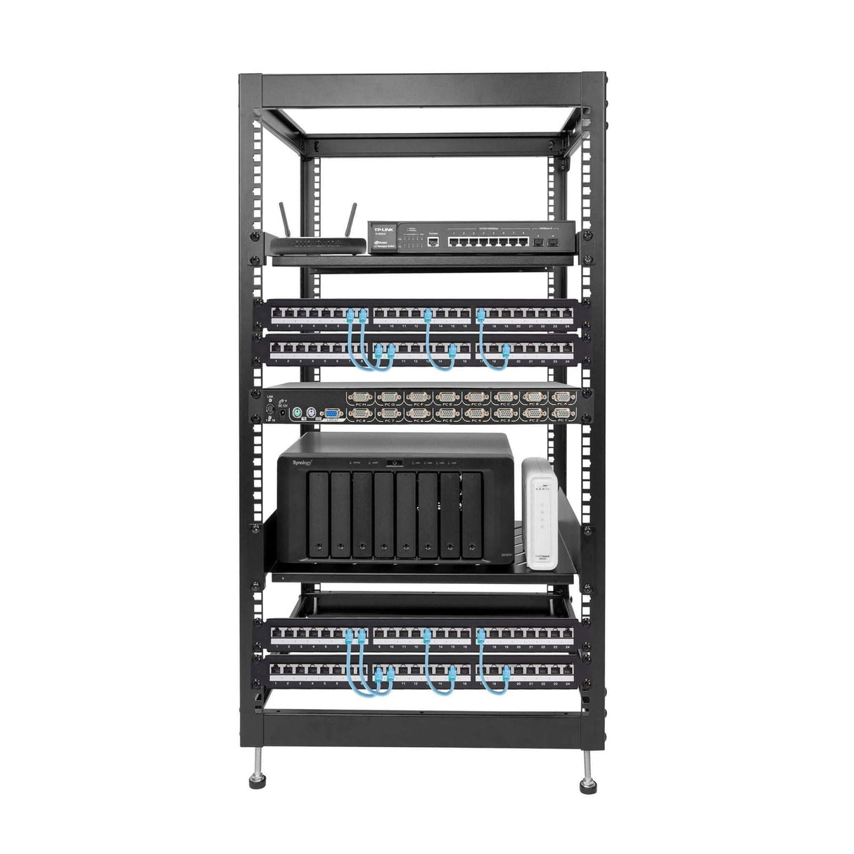 Server and Networking Racks - 20U 17" Black Steel Open Frame Server Rack with Adjustable Feet and Two Shelves - Mount-It! - MI-7631