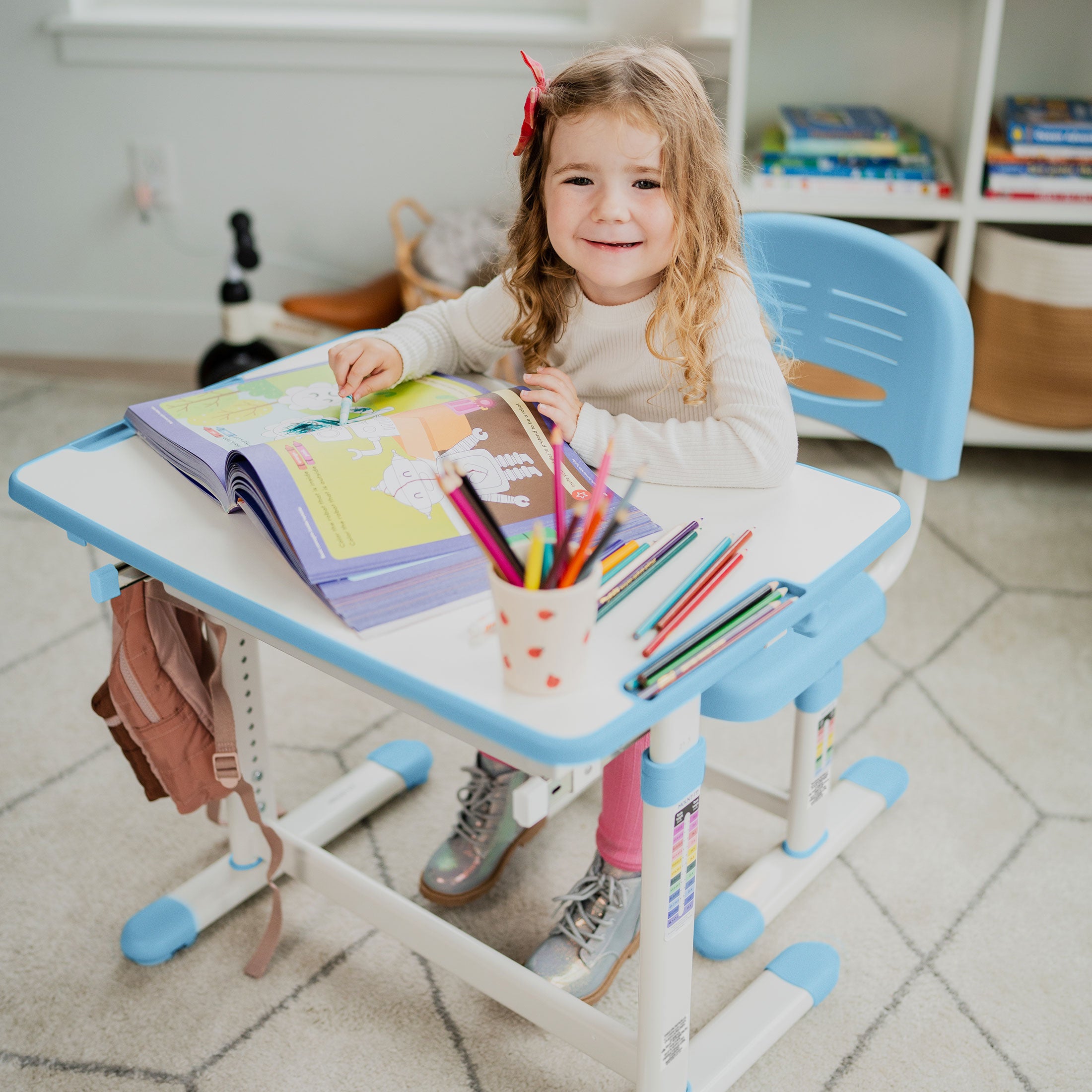 Artist Hand Kids Study Desk and Chair Set Height Adjustable Children Table Large Writing Board Desk with LED Lamp, Pull Out Drawer, Bookstand (Pink)