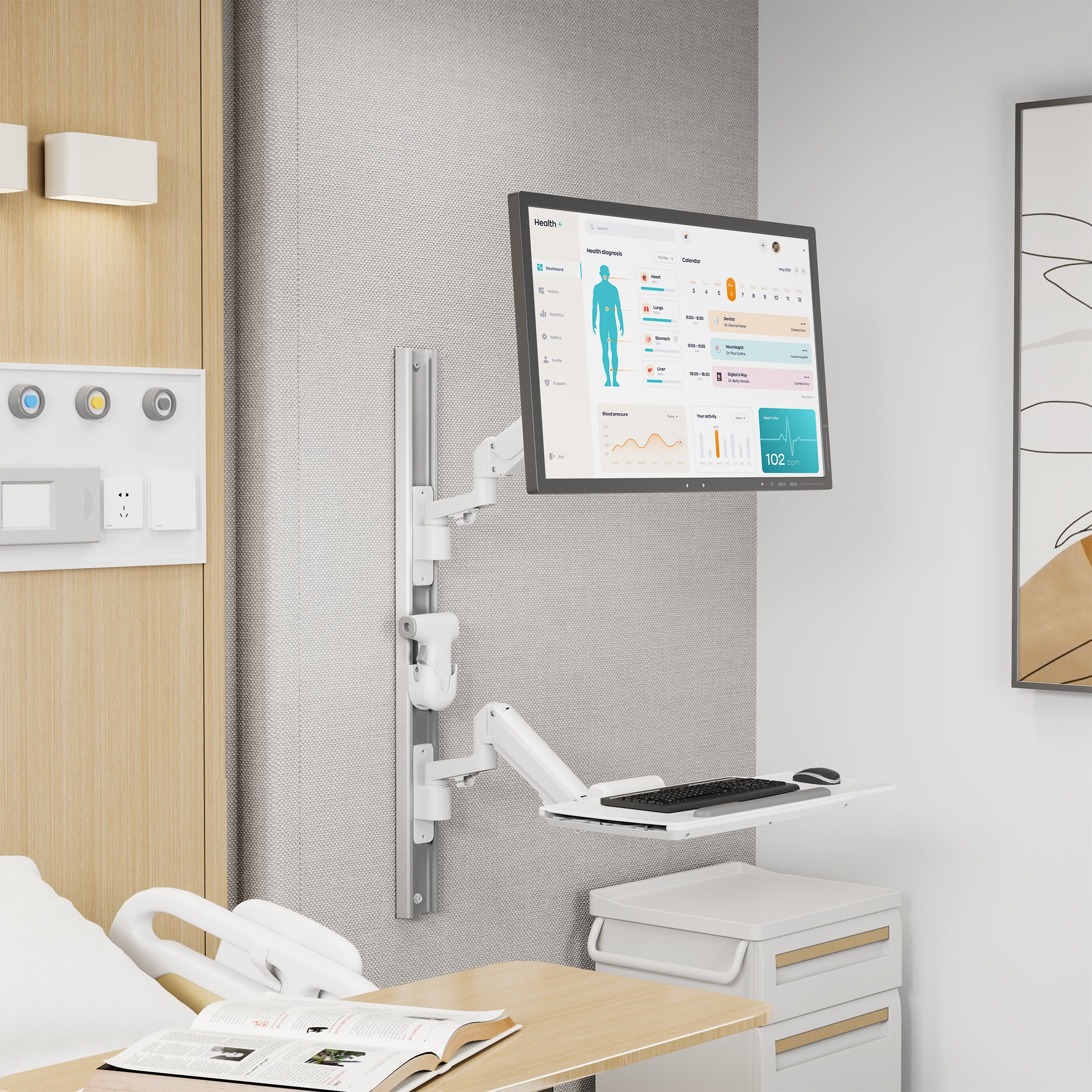 MedHub Wall Workstation with Wall Track