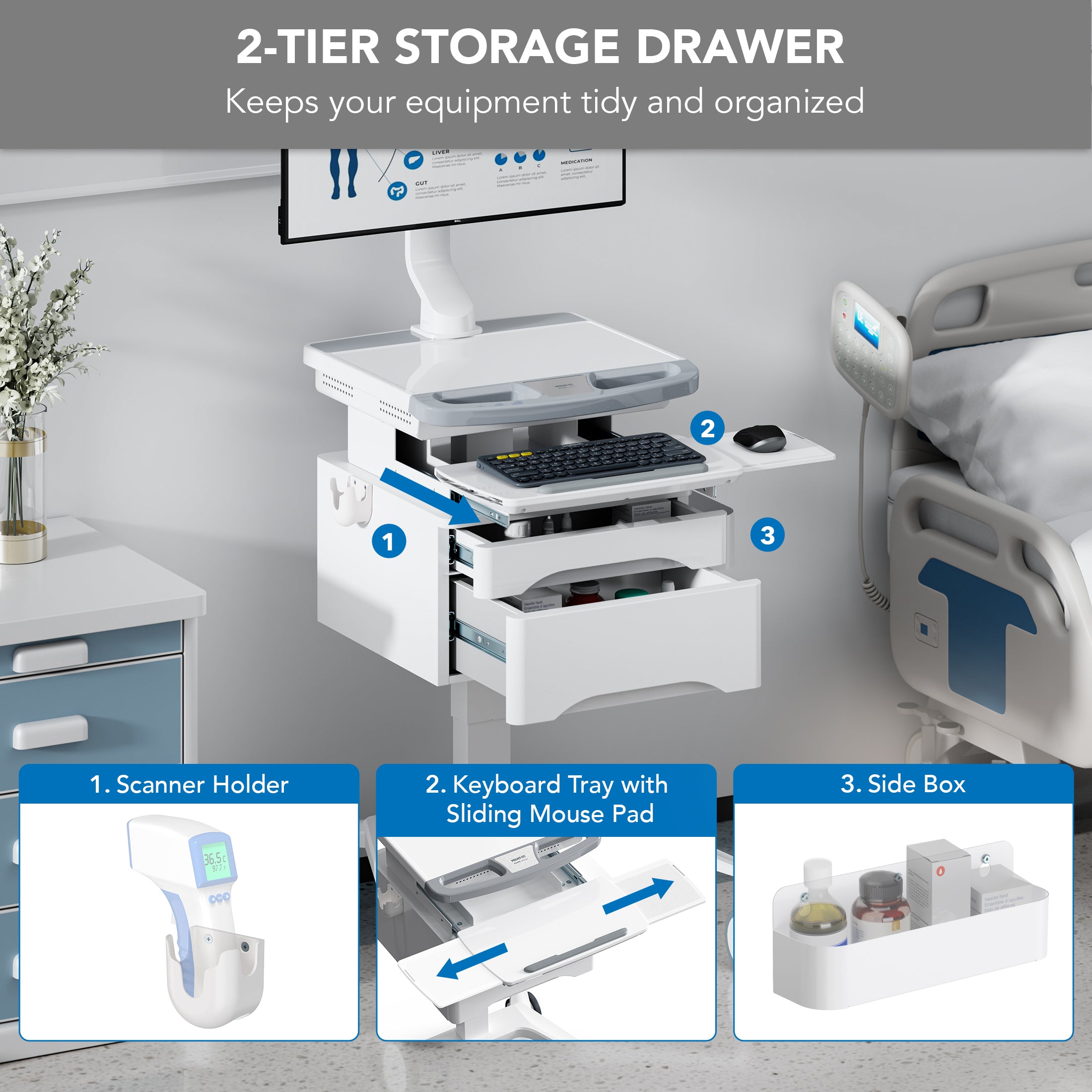 MedHub Mobile Workstation with Drawers and Monitor Mount