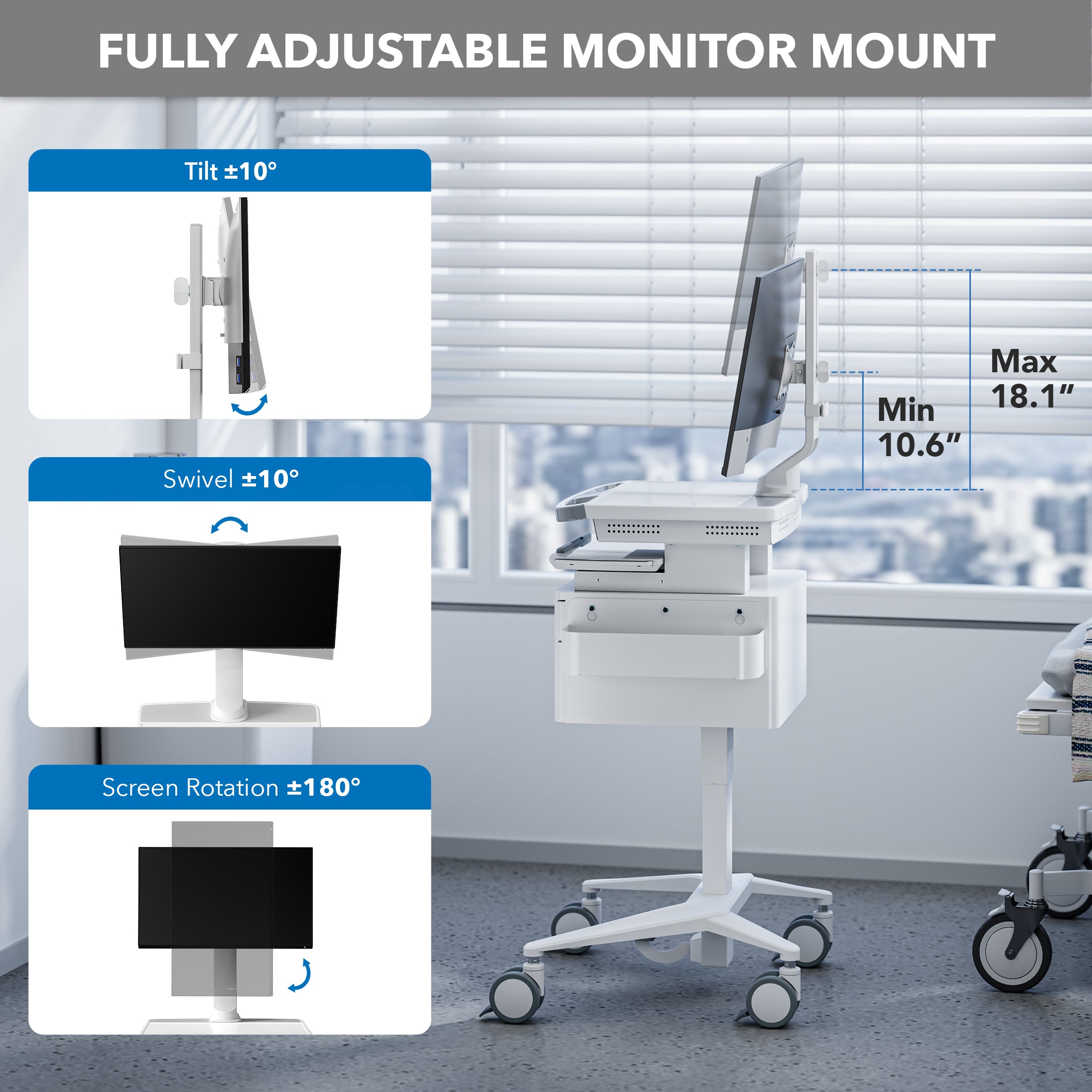 MedHub Mobile Workstation with Drawers and Monitor Mount