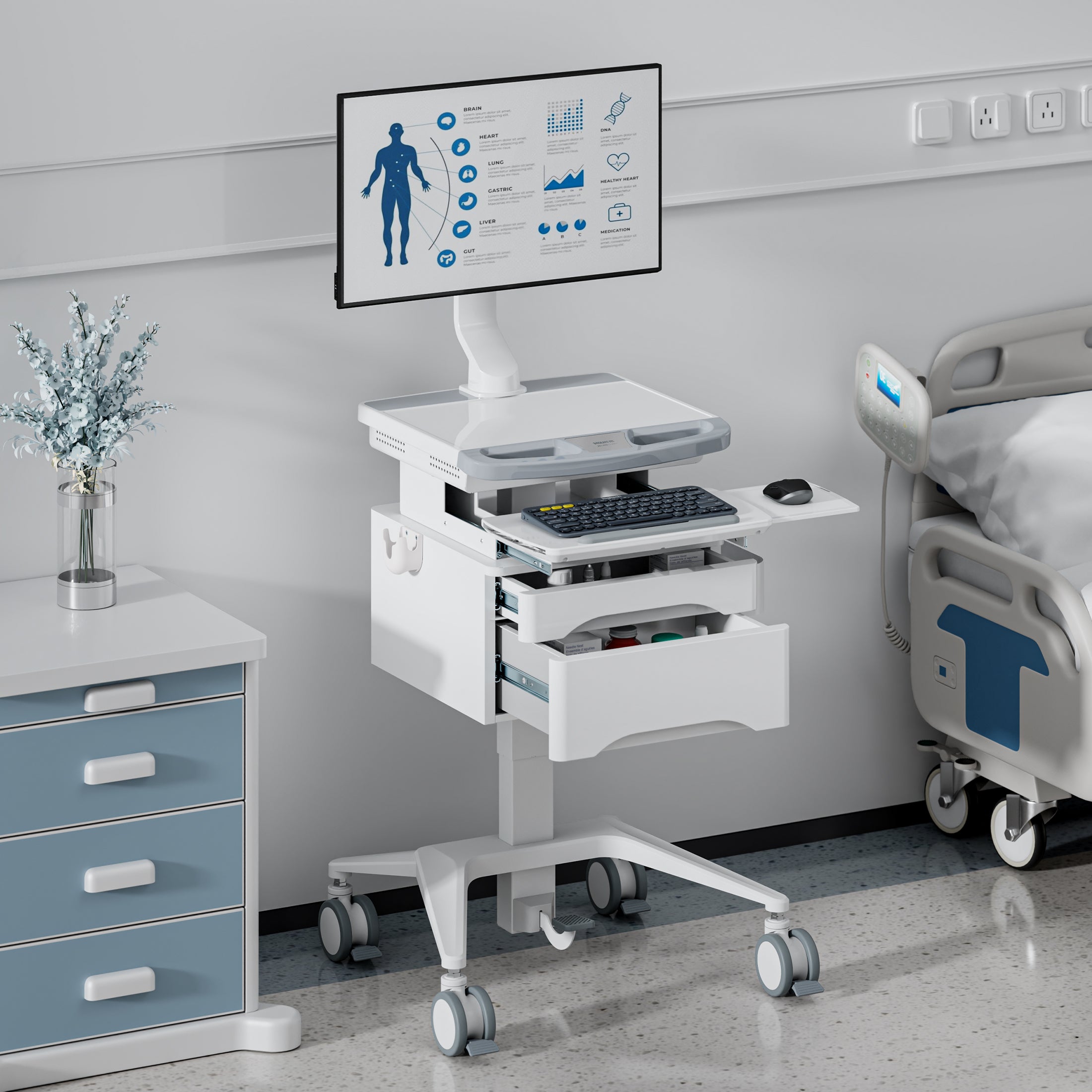 MedHub Mobile Workstation with Drawers and Monitor Mount