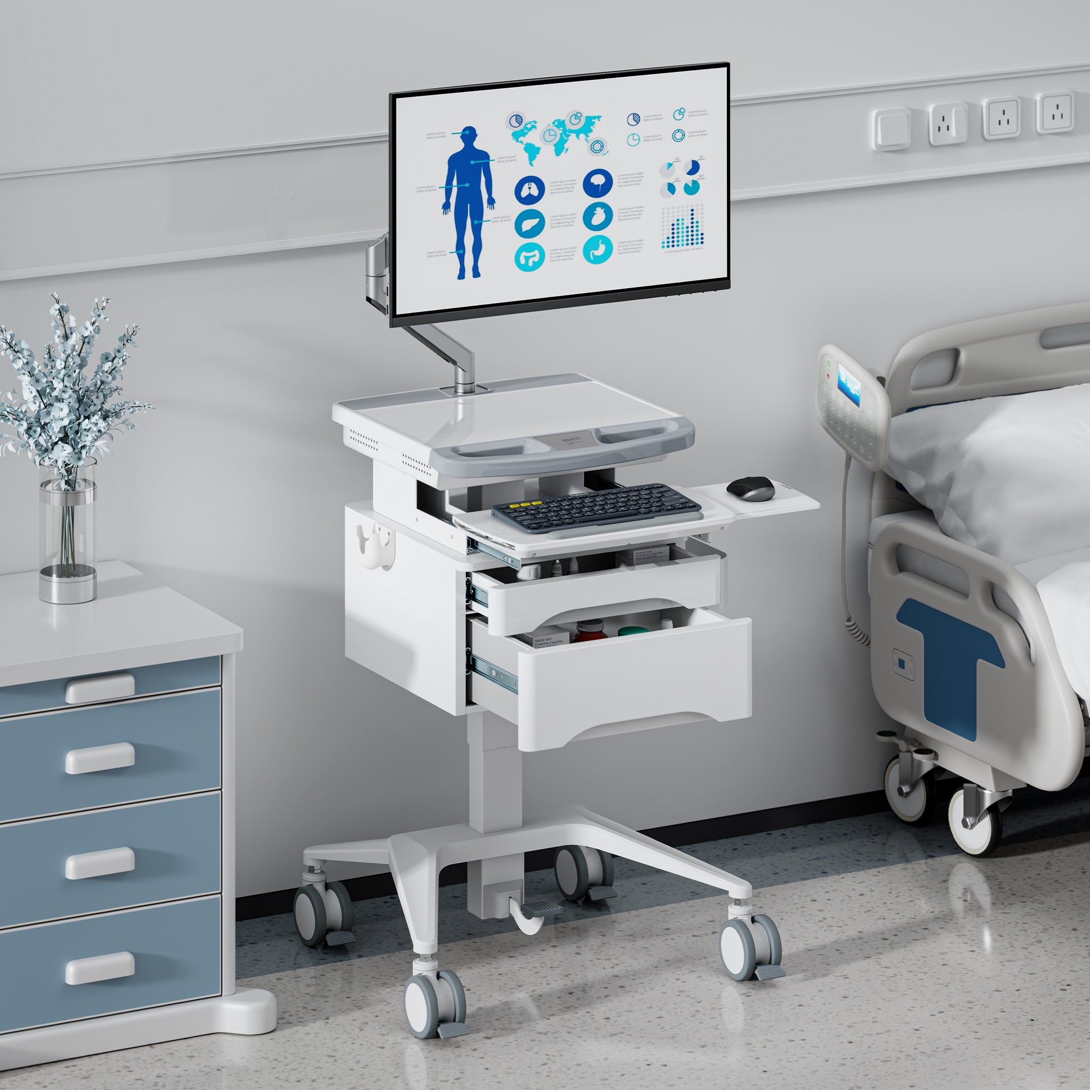 MedHub Mobile Workstation with Drawers and Monitor Arm