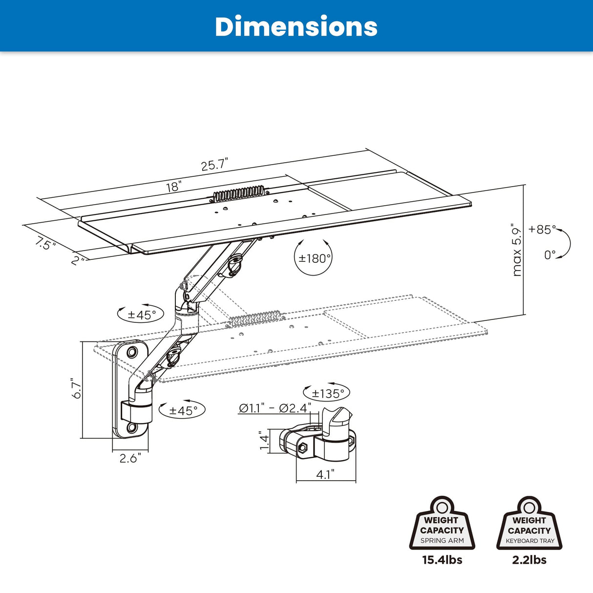 Counterbalance Keyboard Tray Arm for Wall and Pole Mounting