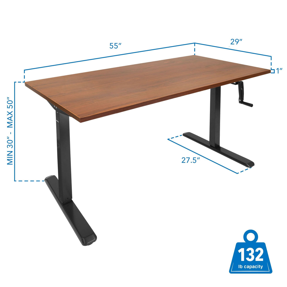 Hand Crank Standing Desk with 55" Tabletop - Black Base