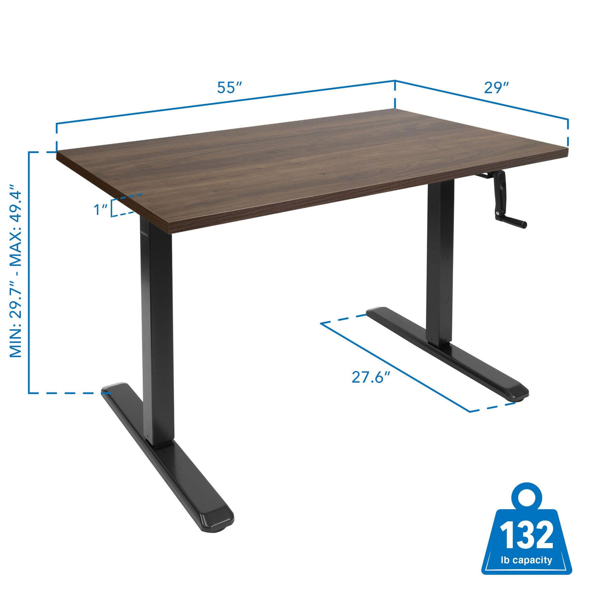 Hand Crank Standing Desk with 55" Tabletop - Black Base