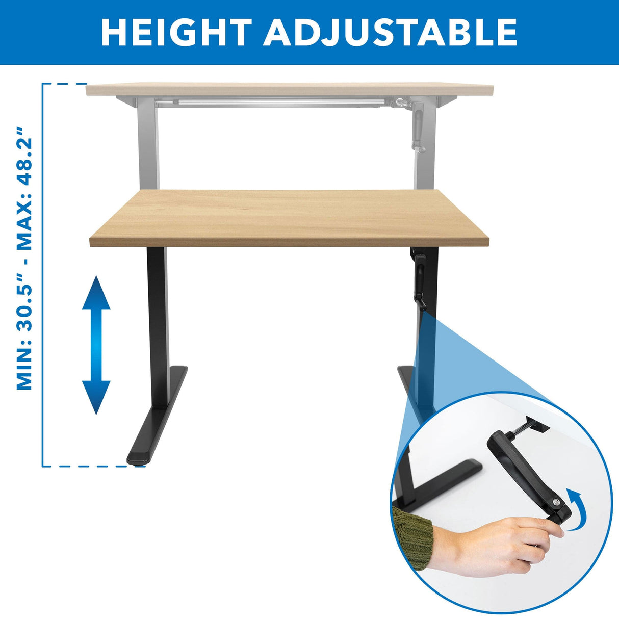 Hand Crank Standing Desk with 55" Tabletop - Black Base