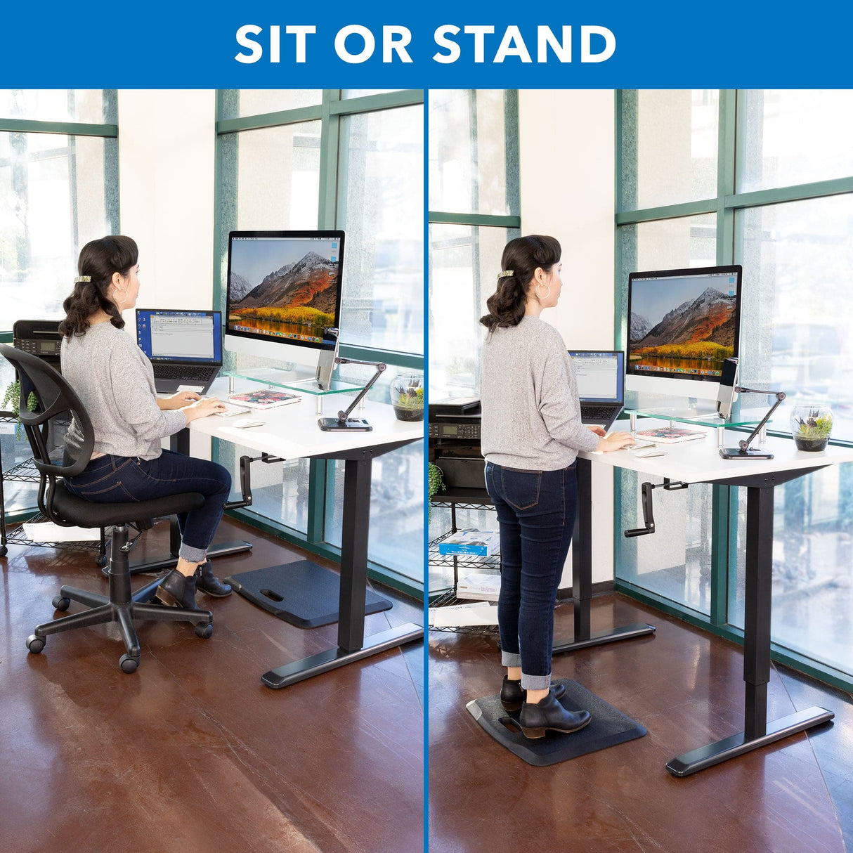 Hand Crank Standing Desk with 55" Tabletop - Black Base