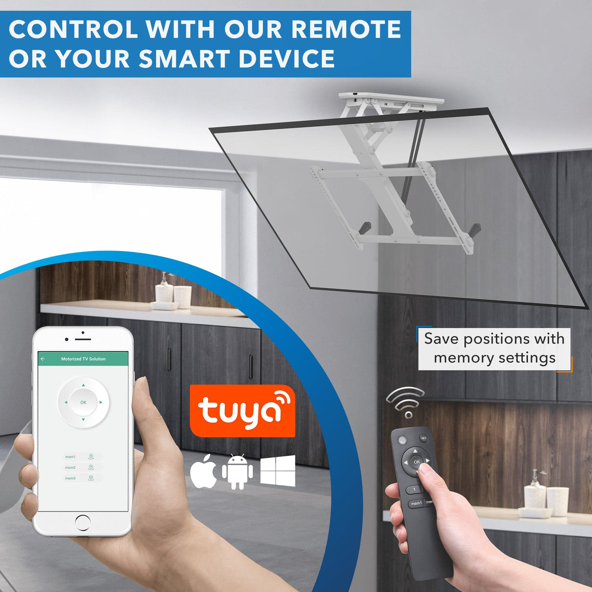 Motorized Ceiling TV Mount with Remote and App Controller