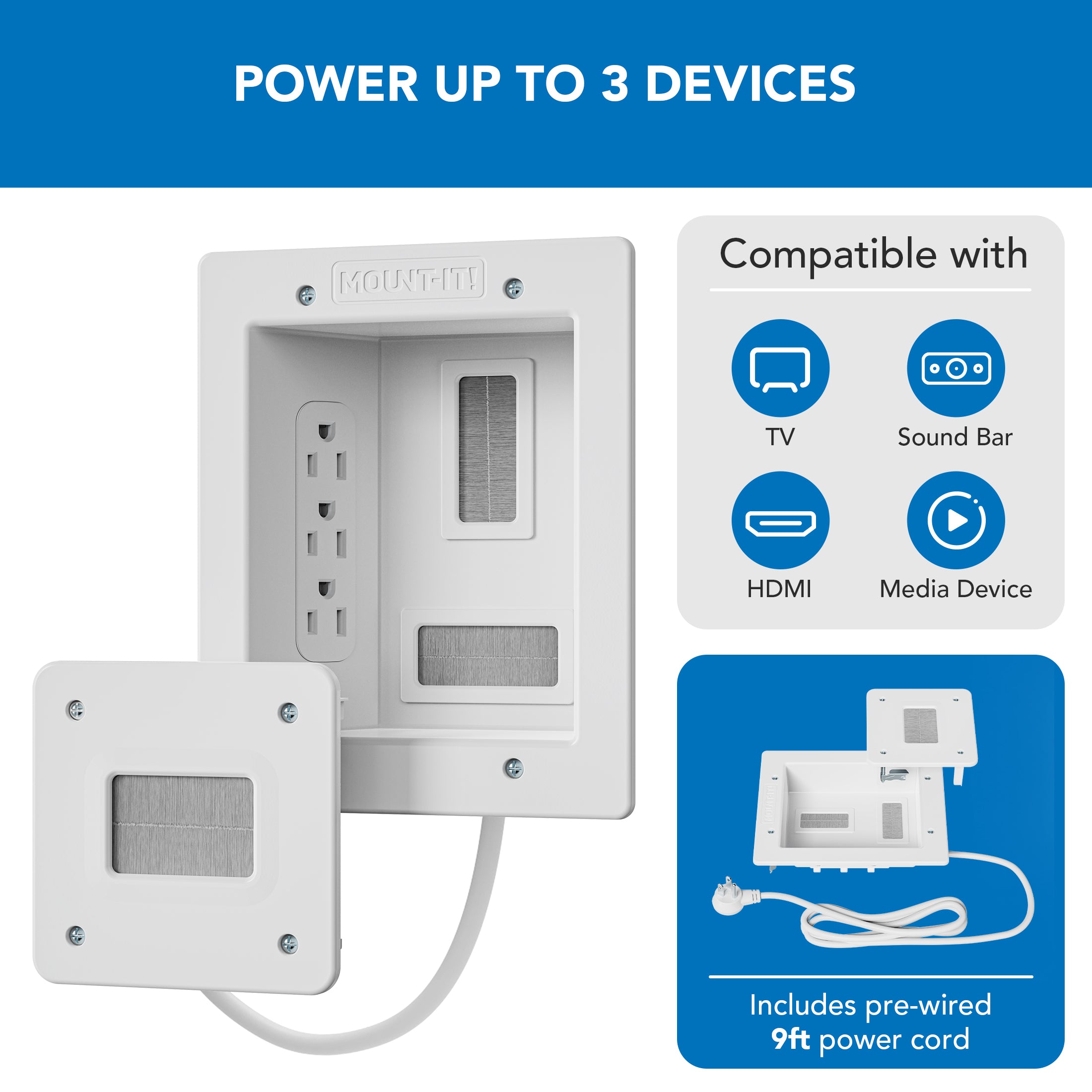 In-Wall TV Cable Concealer with Recessed Power