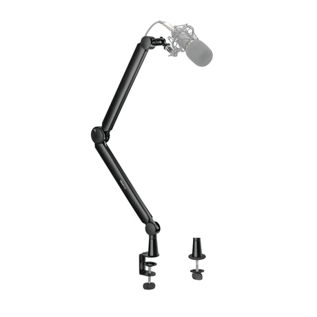 a black microphone boom arm 