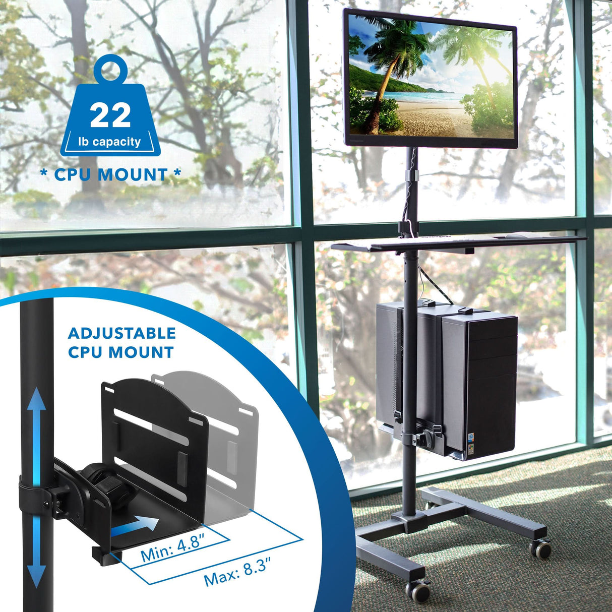 Mobile Cart With Monitor Mount & CPU Holder