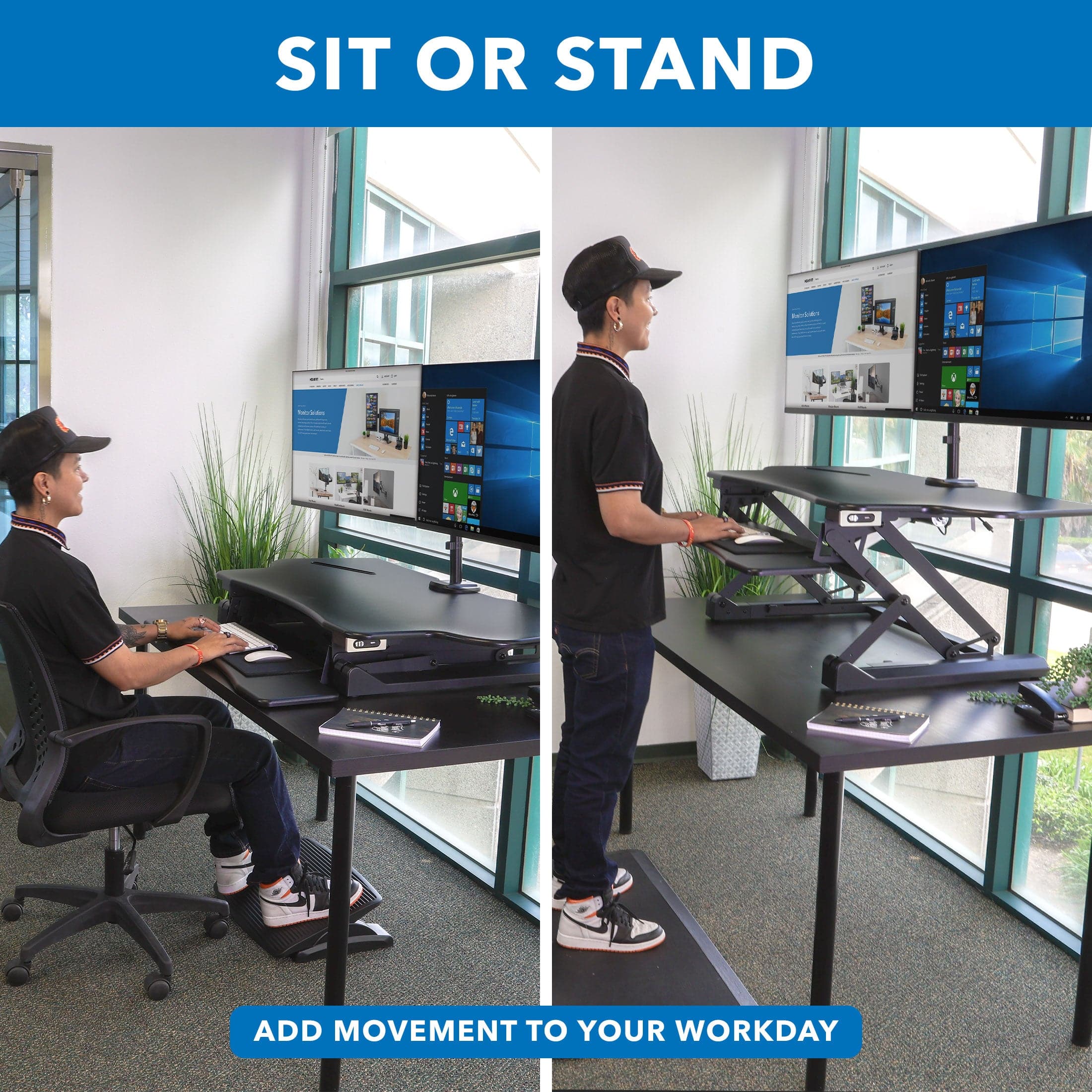 Large Electric Sit-Stand Desk Converter with Dual Monitor Mount