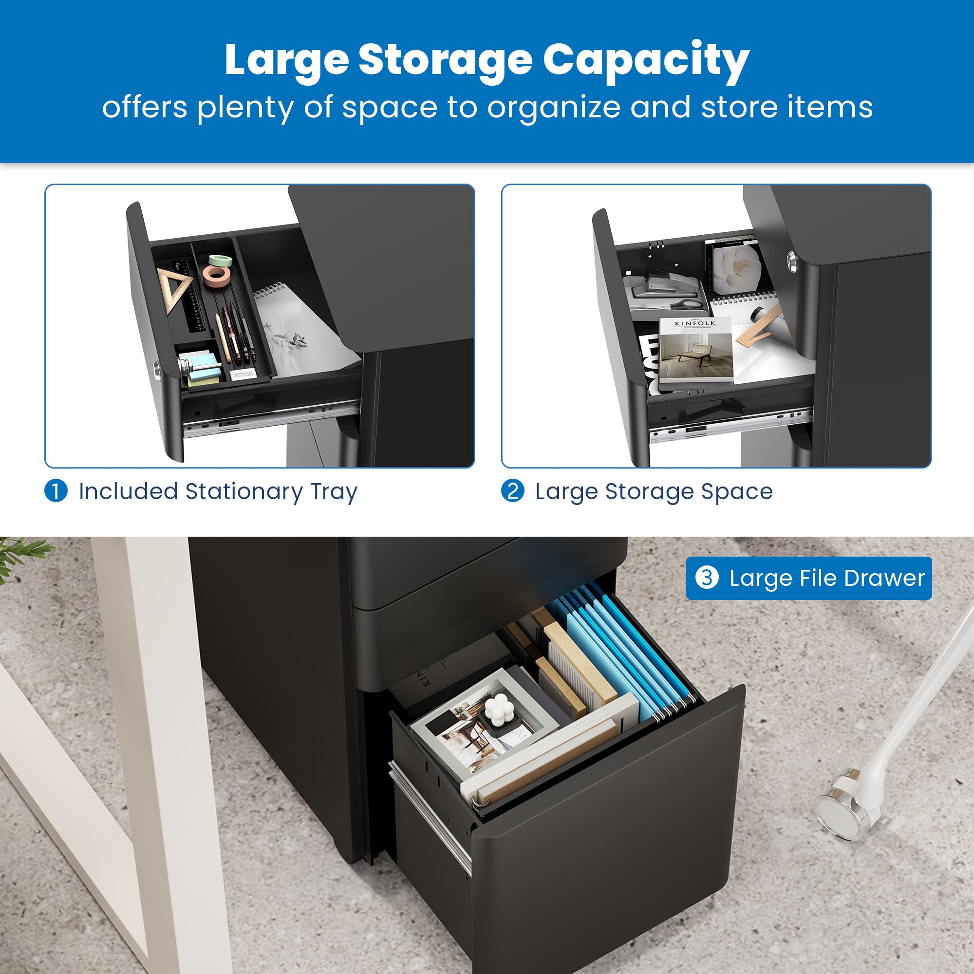 Slim Mobile File Cabinet with 3 Drawers