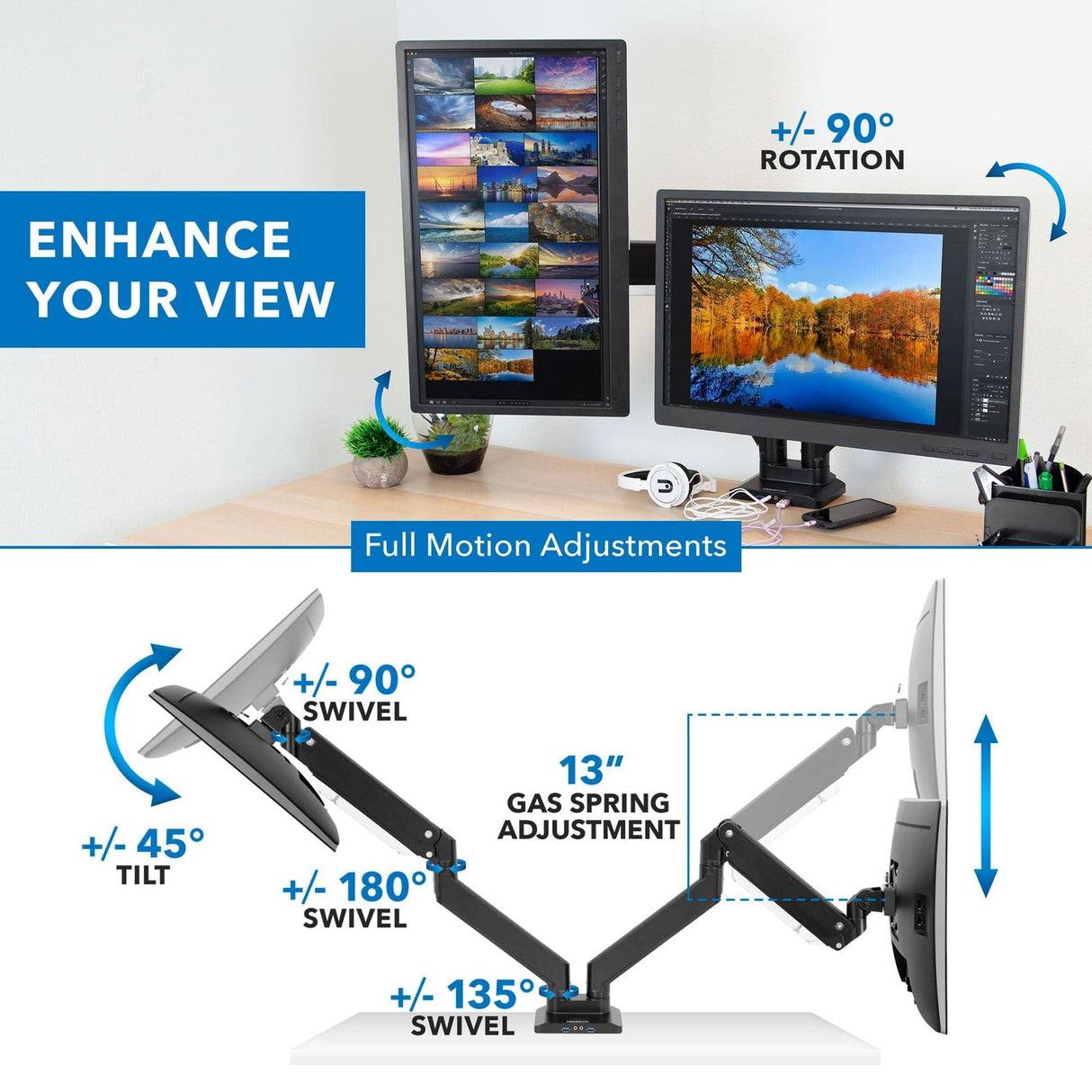 Black Monitor Mount - Dual Monitor Desk Mount w/ USB & Multimedia Ports - Mount-It! - MI-4772