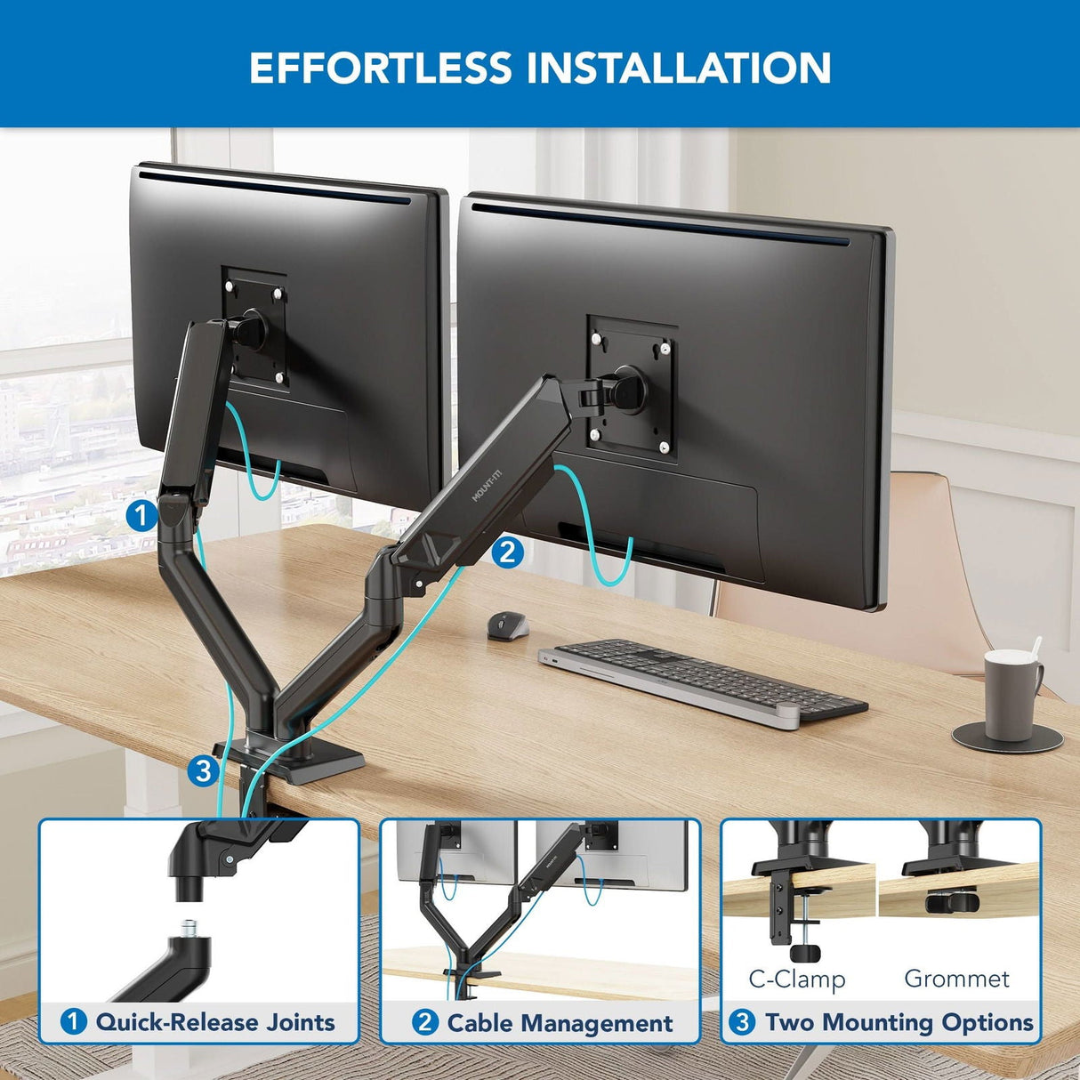 Black Monitor Mount - Dual Monitor Mount with Spring Arms - Mount-It! - MI-8752BLK