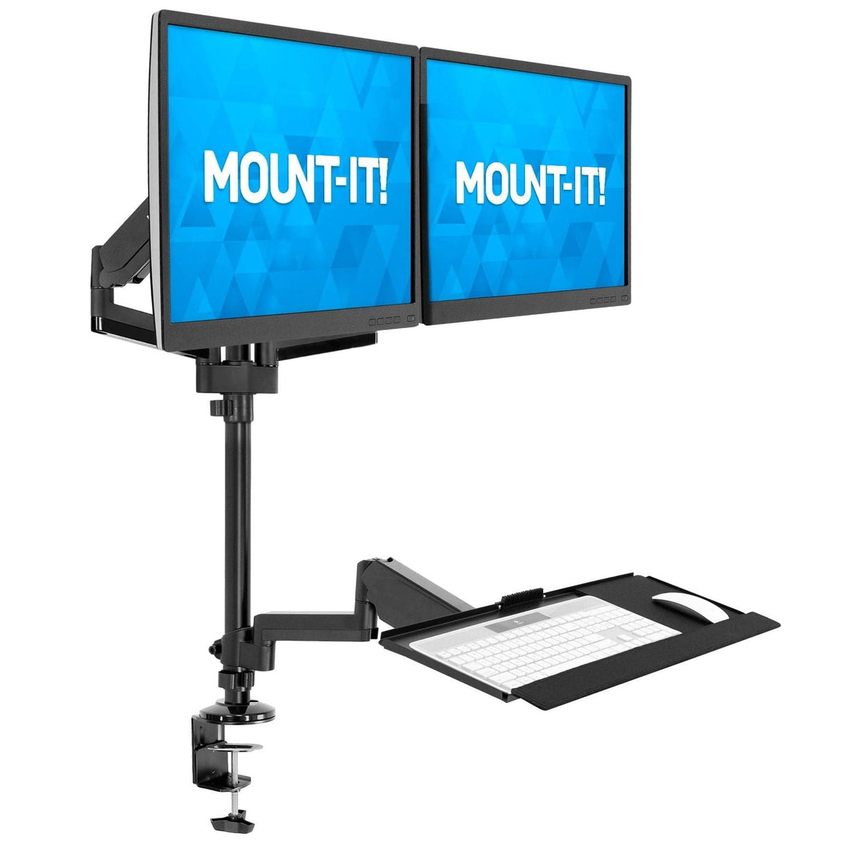 Black Desk Converters - Dual Monitor Sit-Stand Desk Mount with Keyboard Tray - Mount-It! - MI-7996