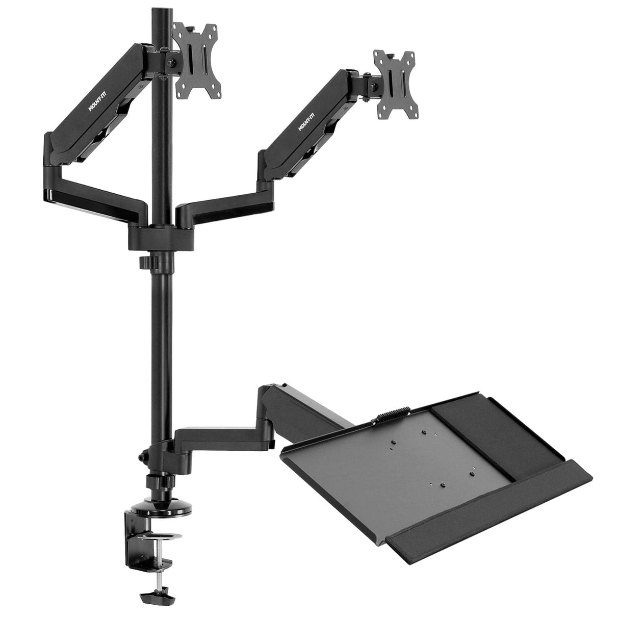 Black Desk Converters - Dual Monitor Sit-Stand Desk Mount with Keyboard Tray - Mount-It! - MI-7996