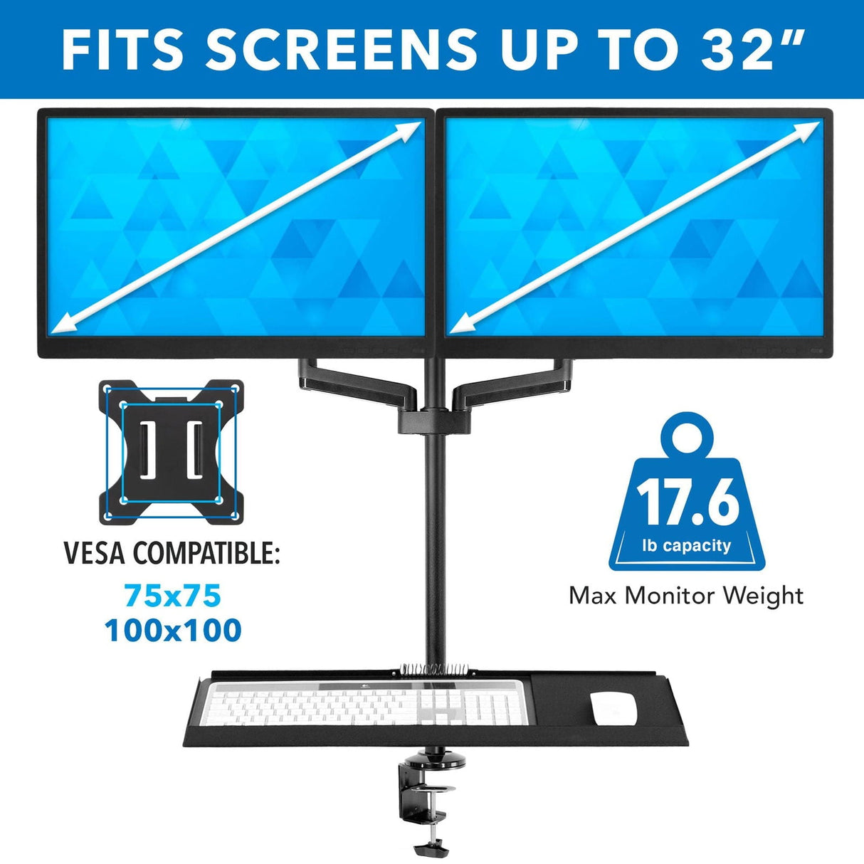 Black Desk Converters - Dual Monitor Sit-Stand Desk Mount with Keyboard Tray - Mount-It! - MI-7996