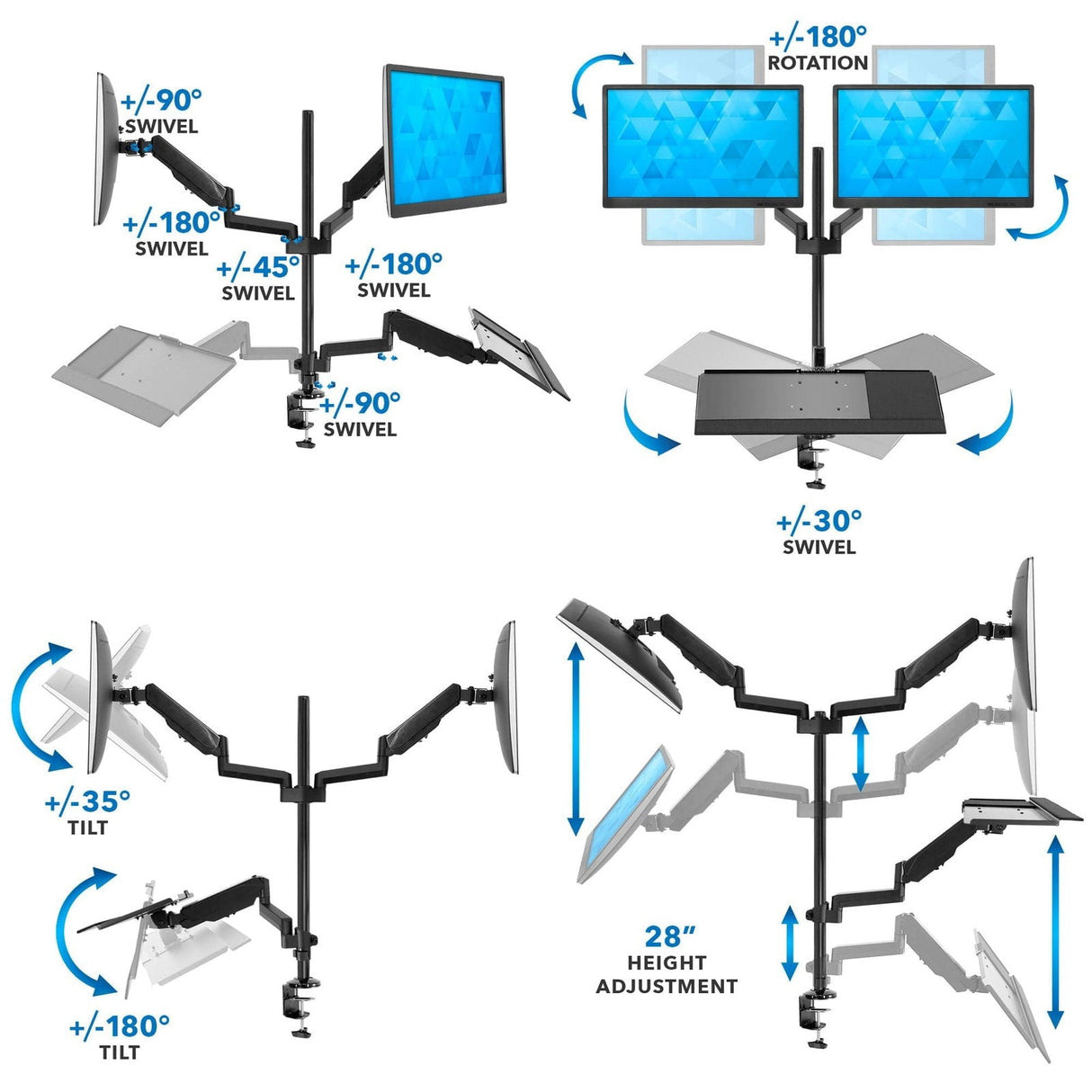 Black Desk Converters - Dual Monitor Sit-Stand Desk Mount with Keyboard Tray - Mount-It! - MI-7996