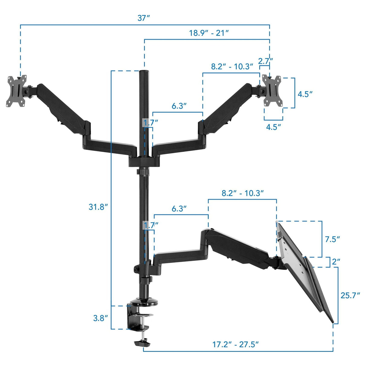 Black Desk Converters - Dual Monitor Sit-Stand Desk Mount with Keyboard Tray - Mount-It! - MI-7996