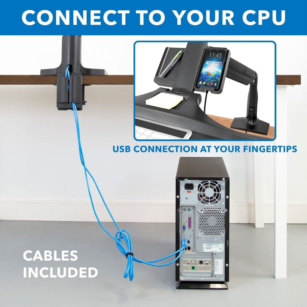 Black Desk Converters - Dual Monitor Sit Stand Desk Mount with USB 3.0 Ports - Mount-It! - MI-7984