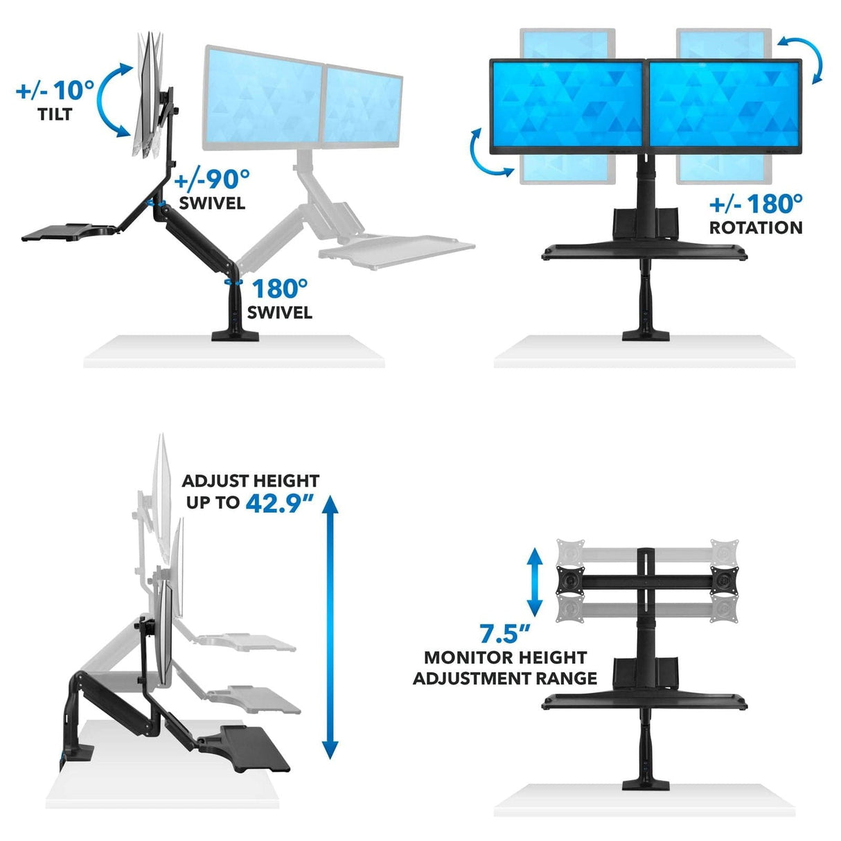 Black Desk Converters - Dual Monitor Sit Stand Desk Mount with USB 3.0 Ports - Mount-It! - MI-7984