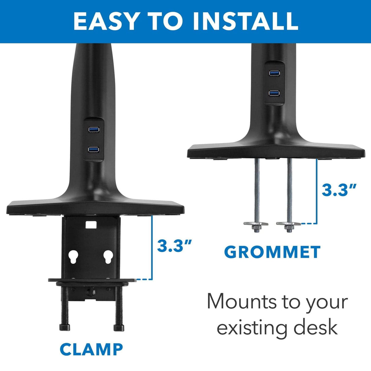 Black Desk Converters - Dual Monitor Sit Stand Desk Mount with USB 3.0 Ports - Mount-It! - MI-7984