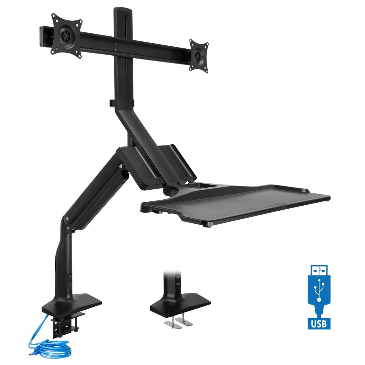 Black Desk Converters - Dual Monitor Sit Stand Desk Mount with USB 3.0 Ports - Mount-It! - MI-7984