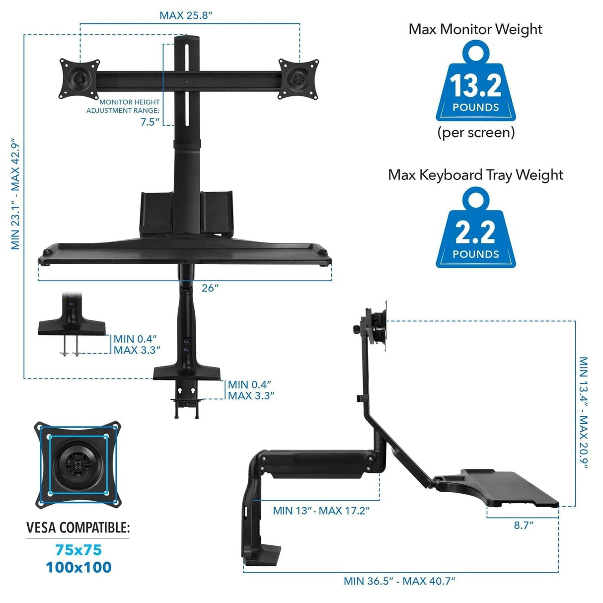 Black Desk Converters - Dual Monitor Sit Stand Desk Mount with USB 3.0 Ports - Mount-It! - MI-7984