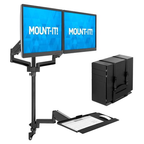 Black Wall Mounted Desk - Dual Monitor Wall Mount Workstation - Mount-It! - MI-7992