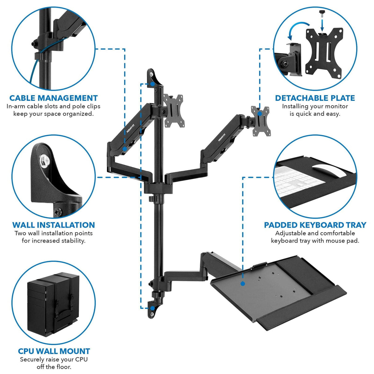 Black Wall Mounted Desk - Dual Monitor Wall Mount Workstation - Mount-It! - MI-7992