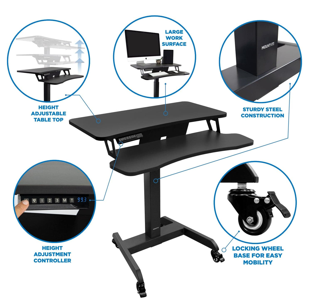 Black Mobile Standing Desk - Electric Mobile Standing Desk - Mount-It! - MI-7982