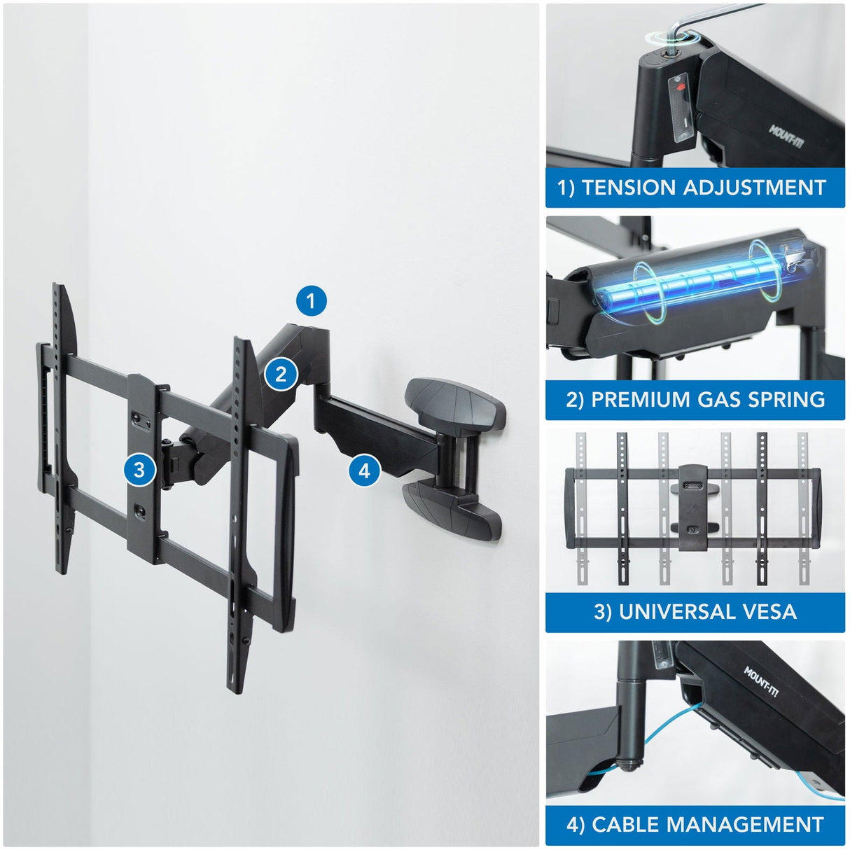 Black TV Mount - Full Motion TV Wall Mount with Gas Spring Arm - Mount-It! - MI-445