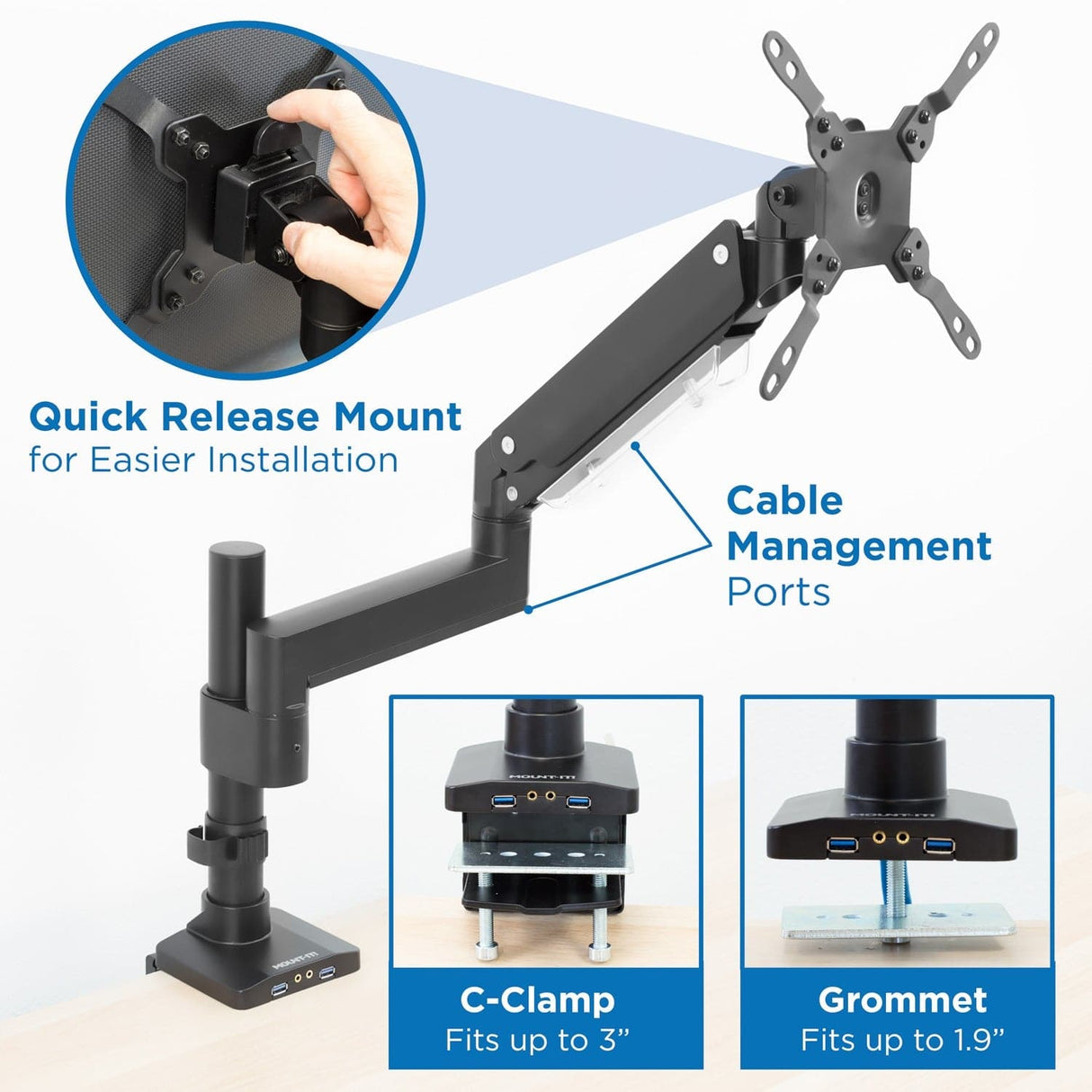 Black Monitor Mount - Heavy Duty Monitor Desk Mount w/ USB & Multimedia Ports - Mount-It! - MI-4771