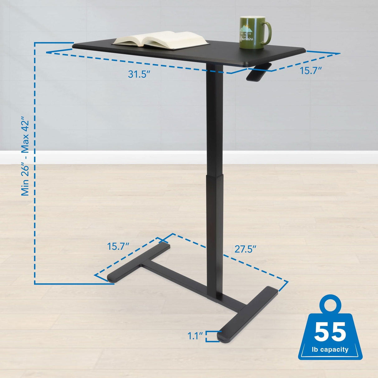 Black Mobile Standing Desk - Height Adjustable Overbed Desk - Mount-It! - MI-8040