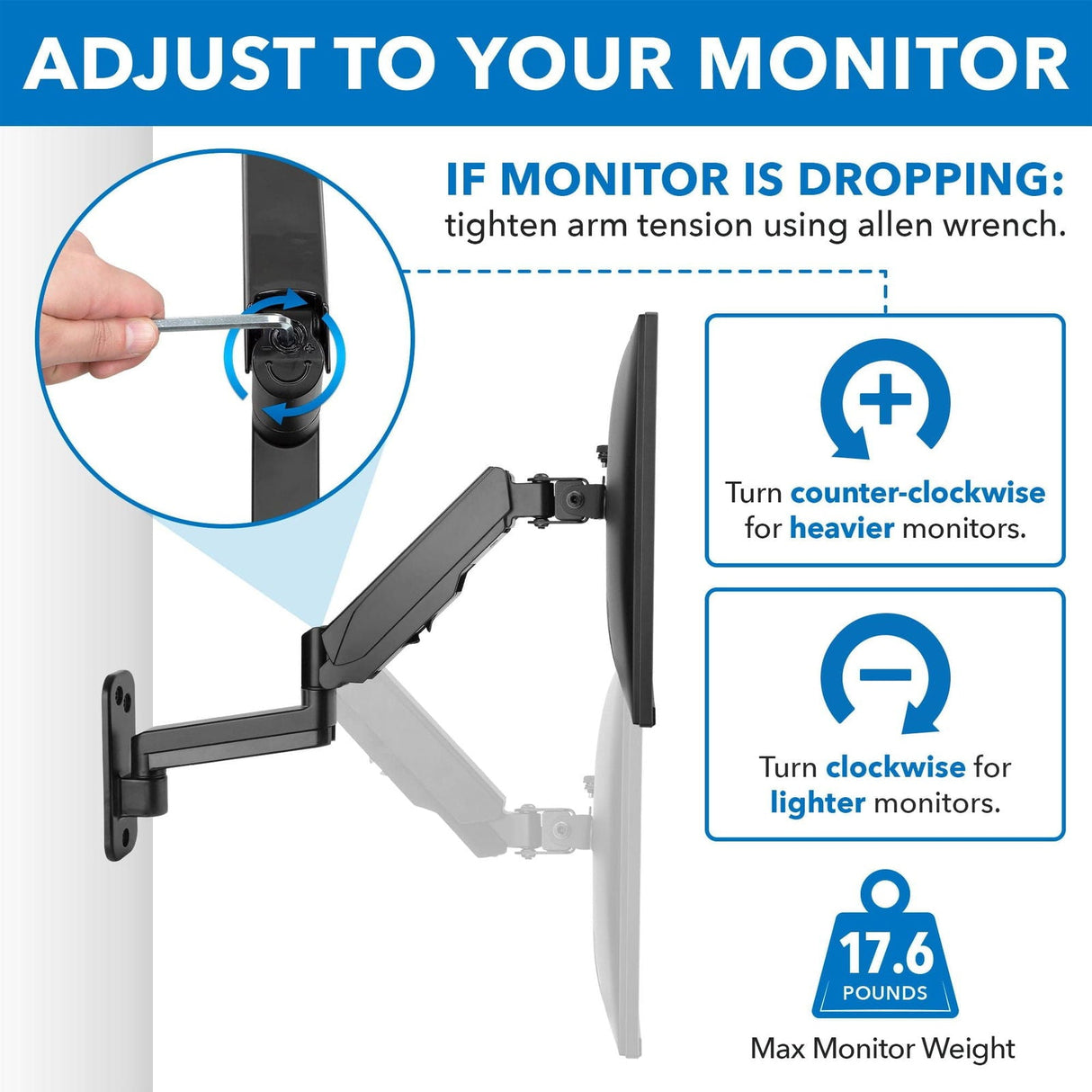 Black Monitor Mount - Height Adjustable Single Monitor Wall Mount - Mount-It! - MI-3753