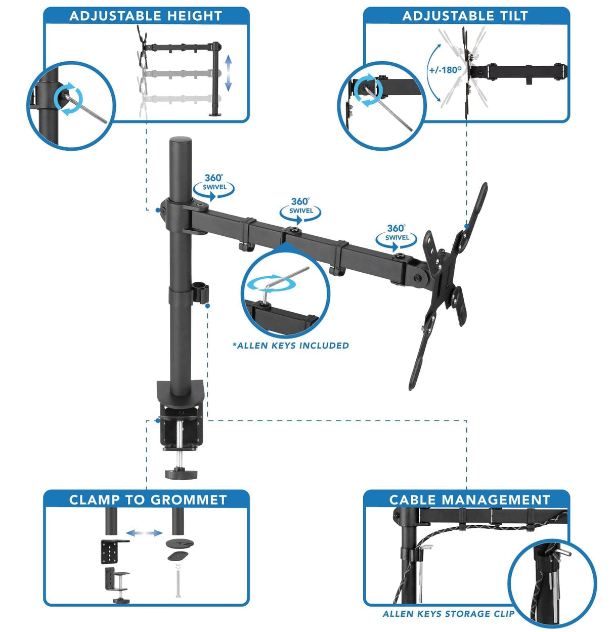 Black Monitor Mount - Large Single Monitor Desk Mount - Mount-It! - MI-708