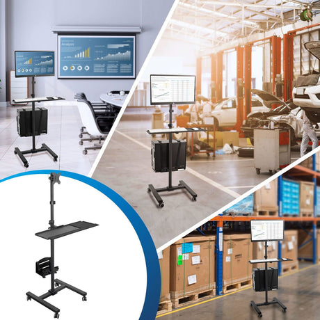 Black Mobile Standing Desk - Mobile Cart With Monitor Mount & CPU Holder - Mount-It! - MI-7948