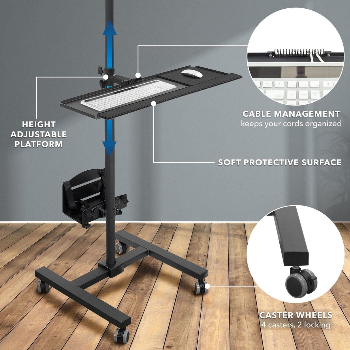 Black Mobile Standing Desk - Mobile Cart With Monitor Mount & CPU Holder - Mount-It! - MI-7948