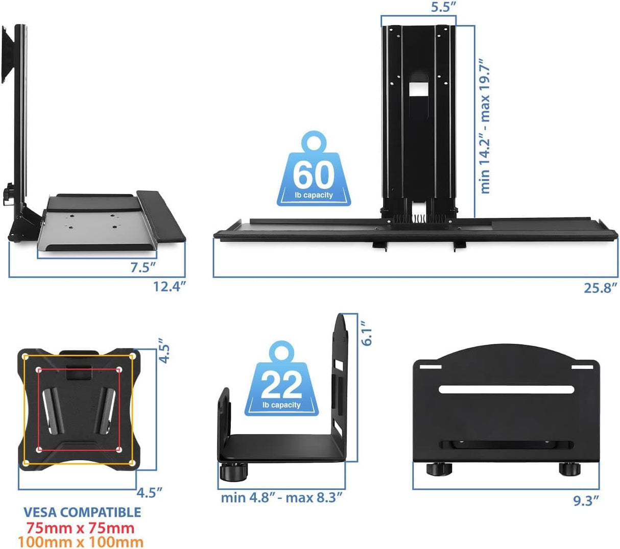 Black Wall Mounted Desk - Monitor and Keyboard Wall Mount with CPU Holder - Mount-It! - MI-7919