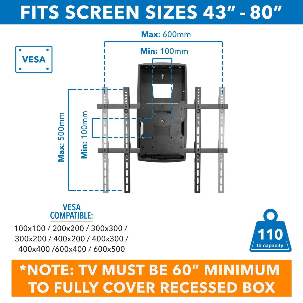 Black TV Mount - Motorized Fireplace TV Mount With Recessed Base - Mount-It! - MI-302