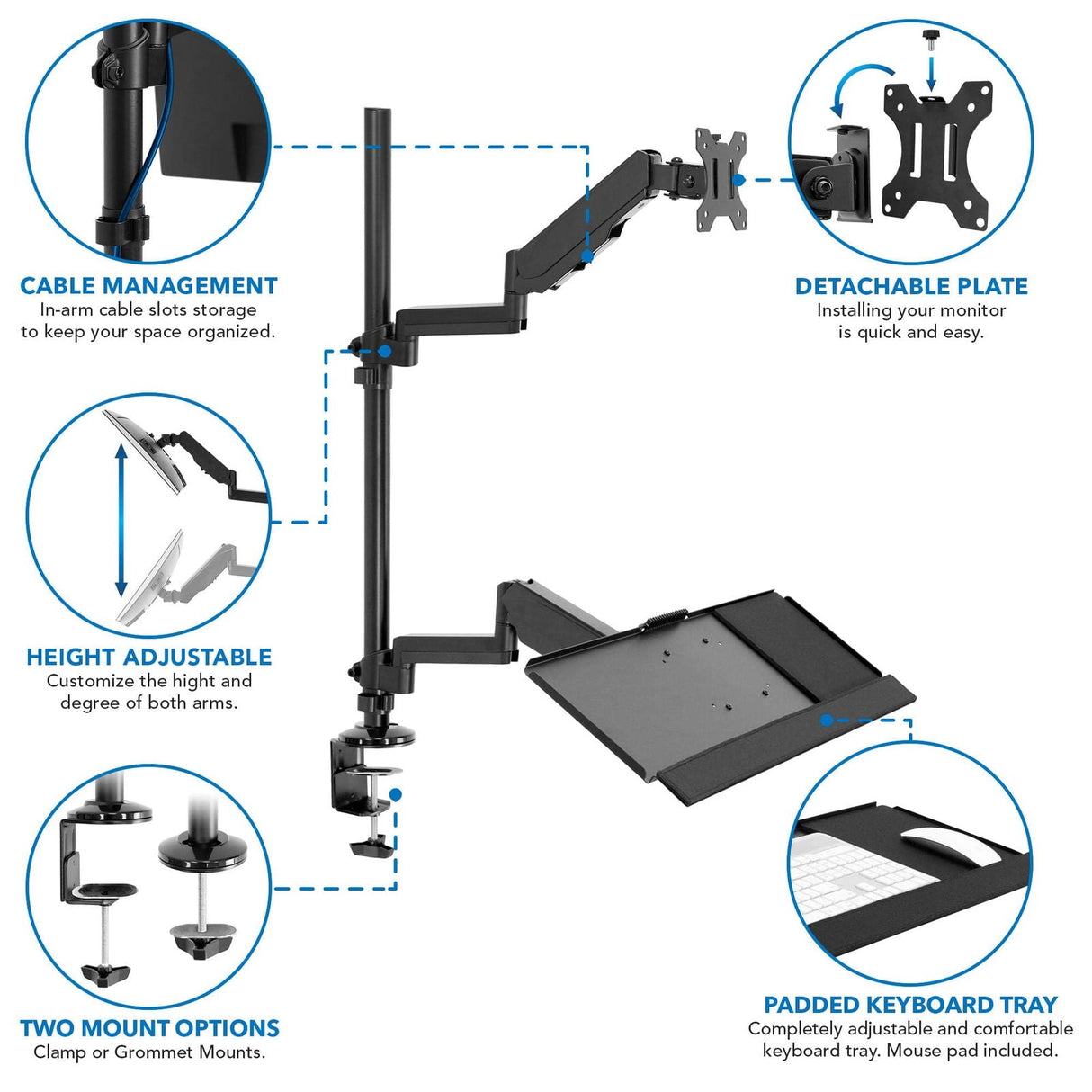 Black Desk Converters - Single Monitor Sit-Stand Desk Mount with Keyboard Tray - Mount-It! - MI-7995