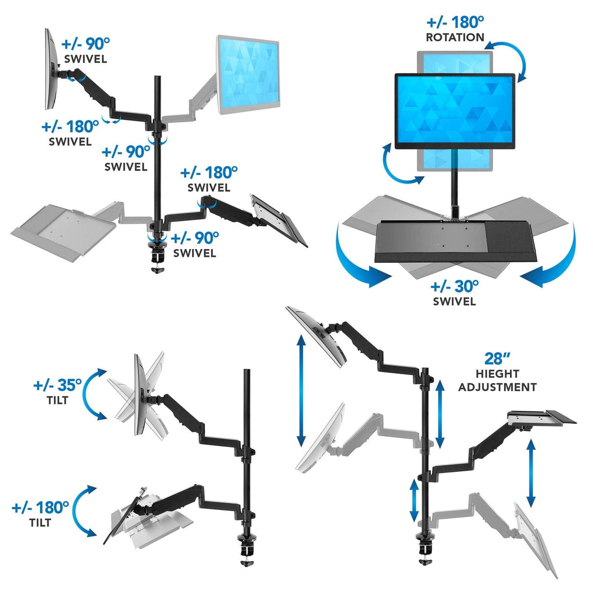 Black Desk Converters - Single Monitor Sit-Stand Desk Mount with Keyboard Tray - Mount-It! - MI-7995