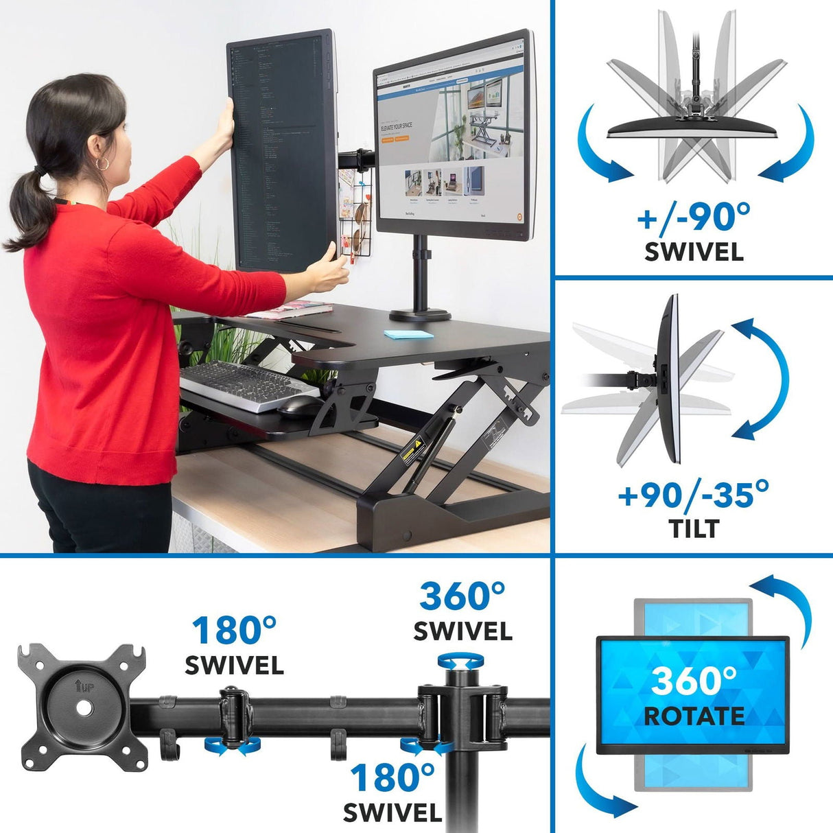 Black Desk Converters - Sit-Stand Desk Converter with Dual Monitor Mount - Mount-It! - MI-7934